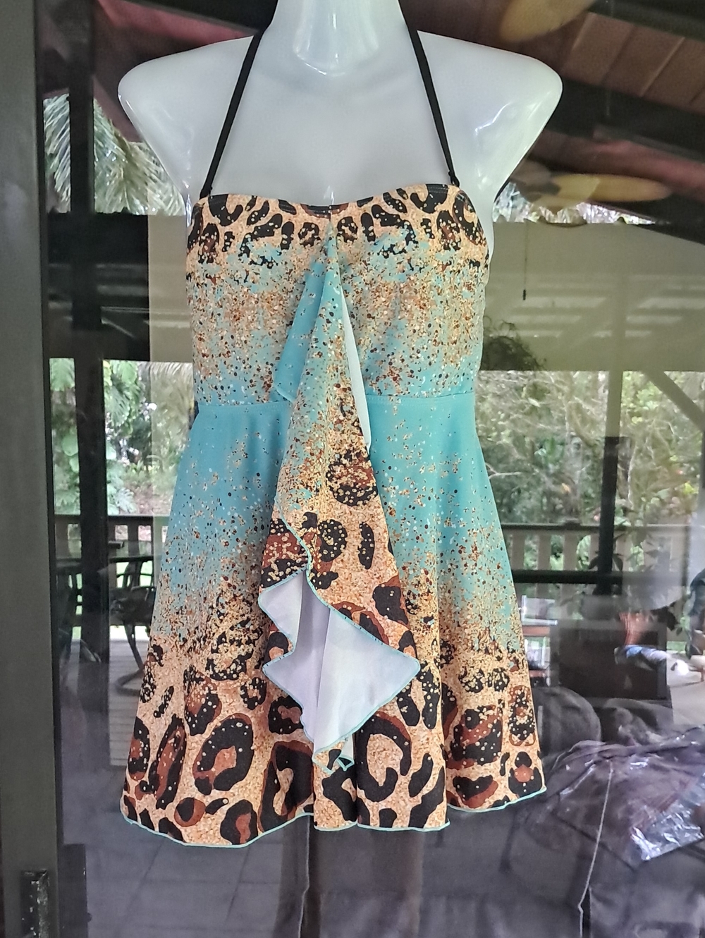 Turquoise and Leopard Print Halter Bathing Suit.
